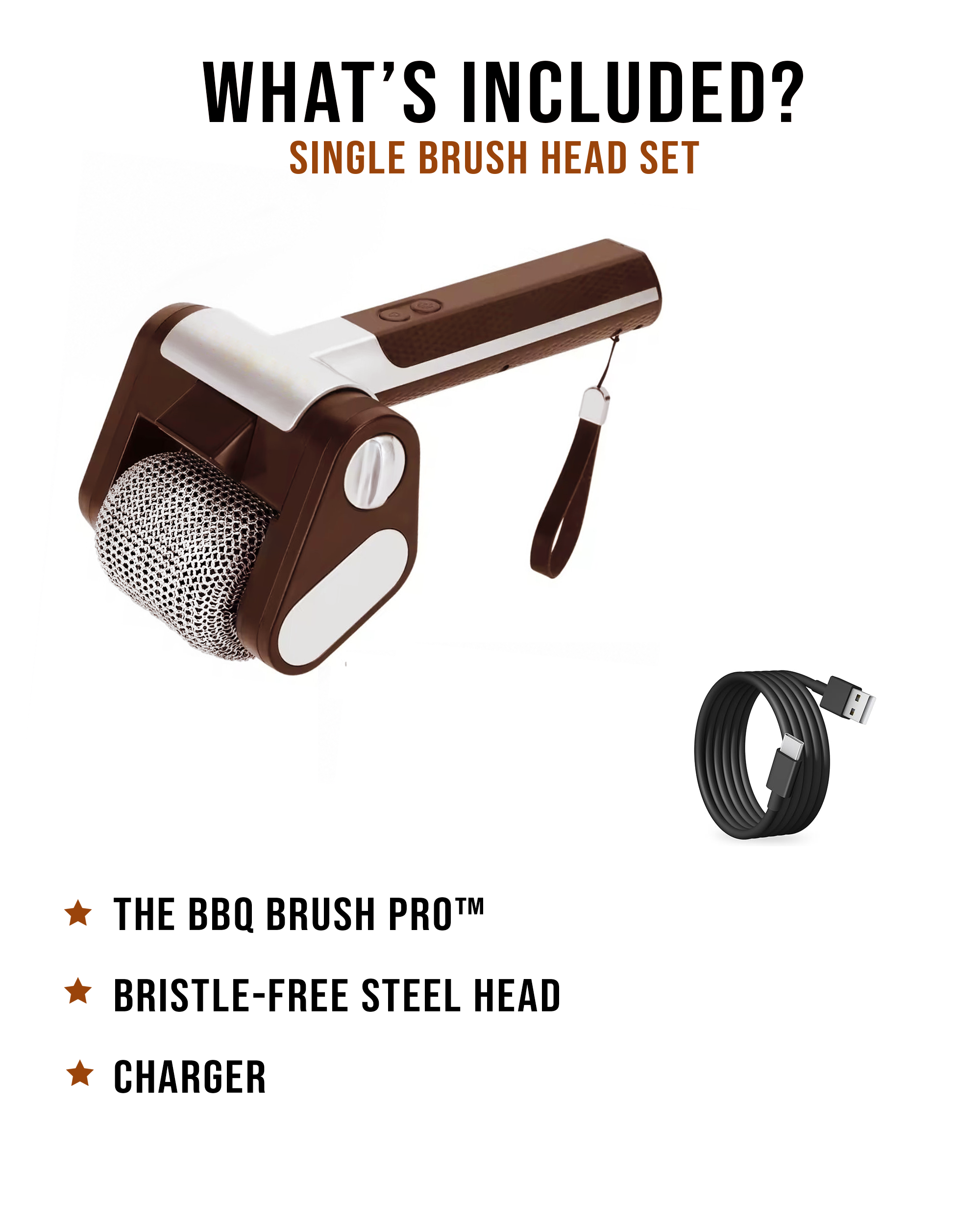 BBQ brush pro with bristle-free steel head and charger on a white background